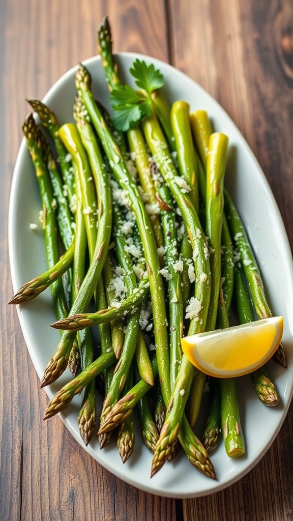 Grilled asparagus garnished with Parmesan and lemon on a wooden table.